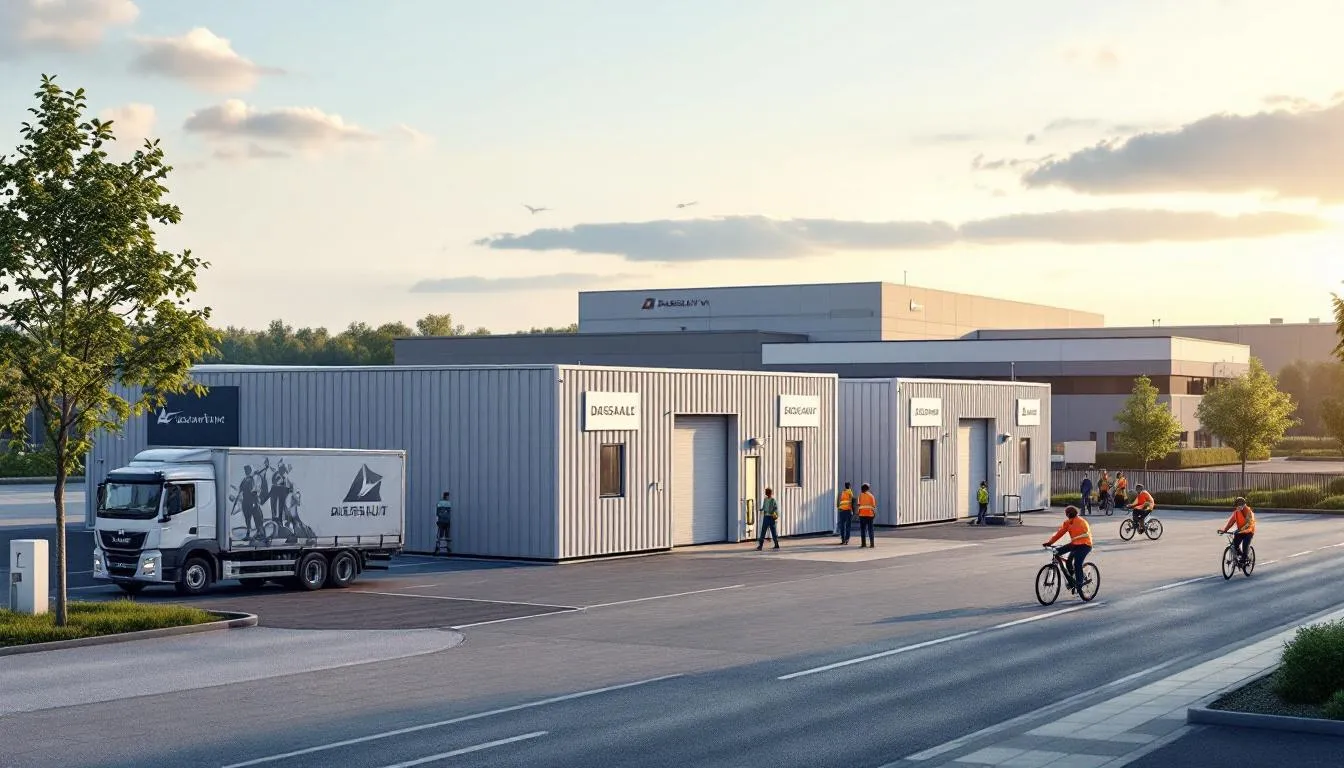 Parc d'activités aéronautique à Cergy avec lots modulables et usine en arrière-plan, parvis animé