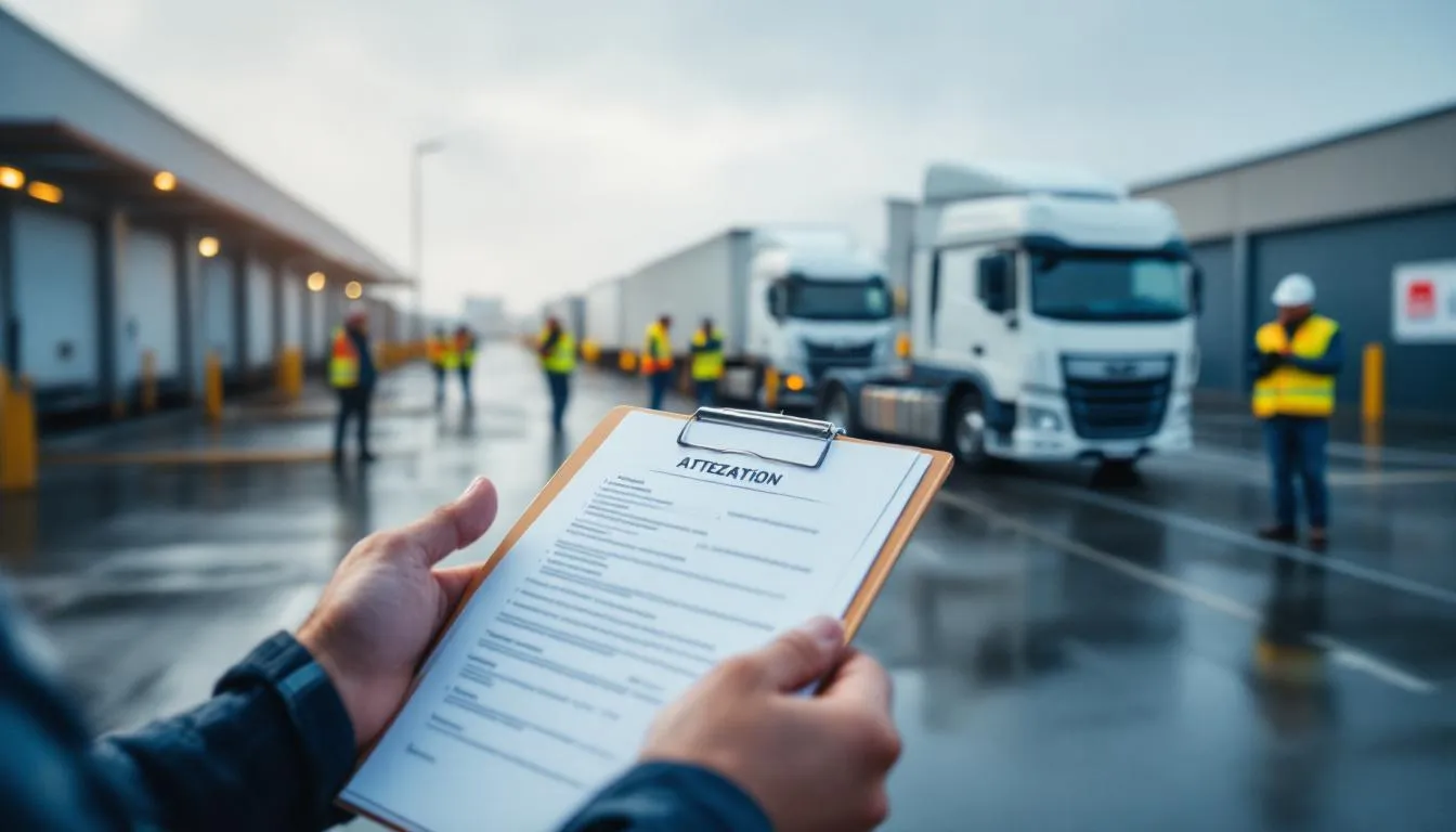 Plateforme logistique en Pays de la Loire : véhicules frigorifiques alignés et conducteur vérifiant une attestation sur un clipboard