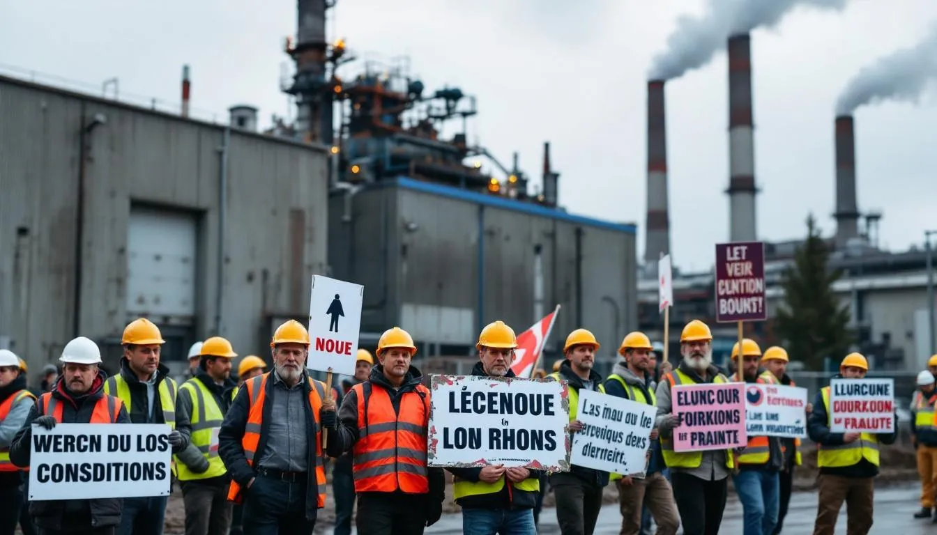 Piquet de grève devant une usine industrielle du Rhône, salariés en veste haute visibilité avec banderoles