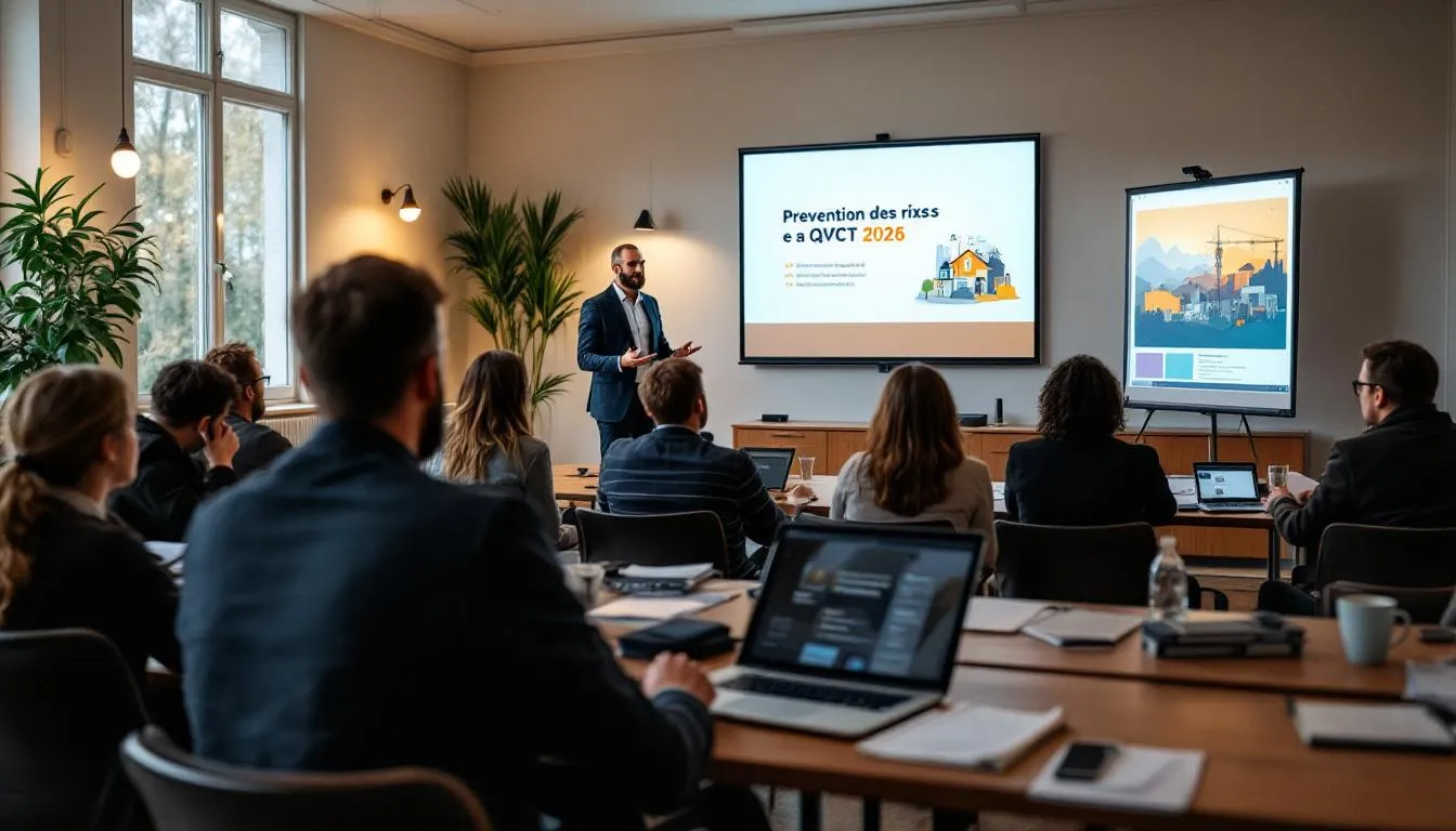 Session de formation QVCT 2026 en salle municipale avec DRH et intervenant