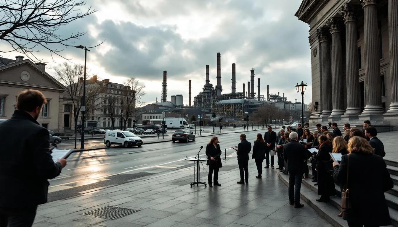 Parvis du tribunal et silhouettes d'une aciérie en arrière‑plan, avocats et journalistes réunis