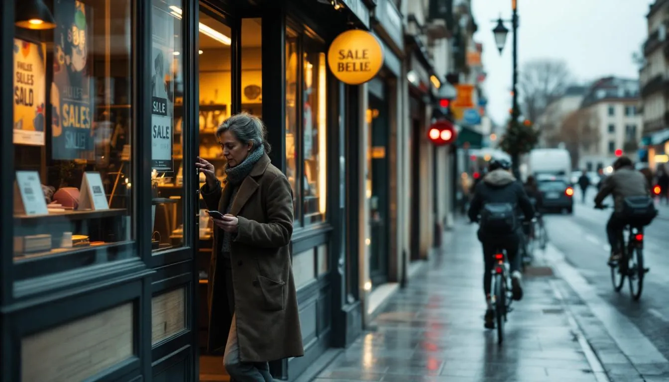 Rue commerçante du Rhône : vitrine peu animée et commerçant pensif en bord de porte