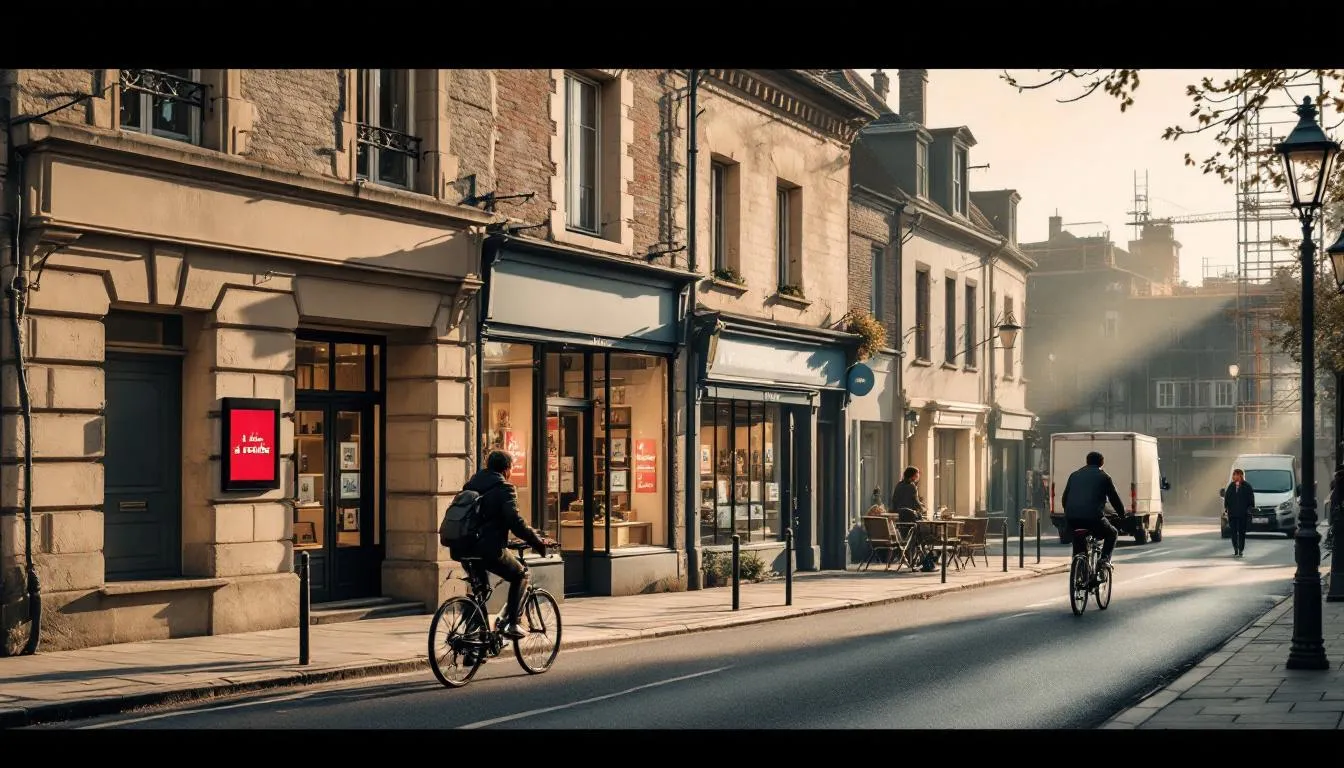 Rue de ville en Saône‑et‑Loire avec agence immobilière affichant des panneaux "à vendre" et passants matinaux