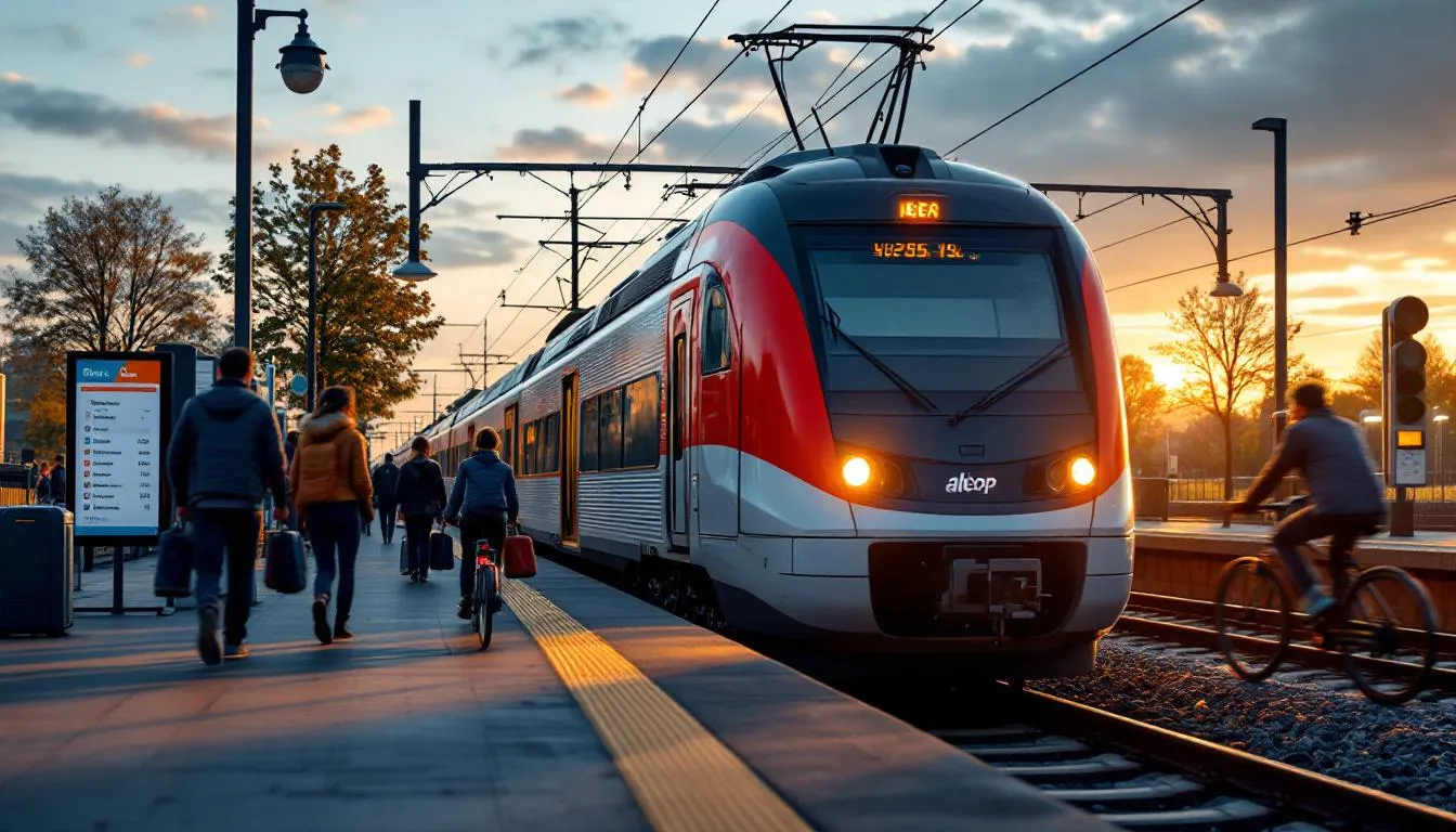 Rame TER Aléop en gare régionale des Pays de la Loire, quais animés
