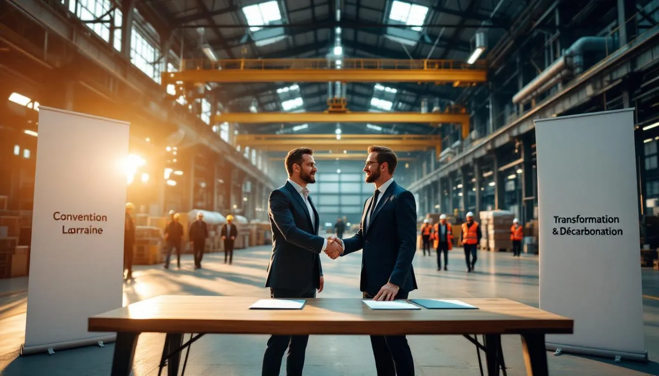 Signature convention UIMM – Banque des Territoires dans un hall industriel à Maxéville, poignée de main entre dirigeants