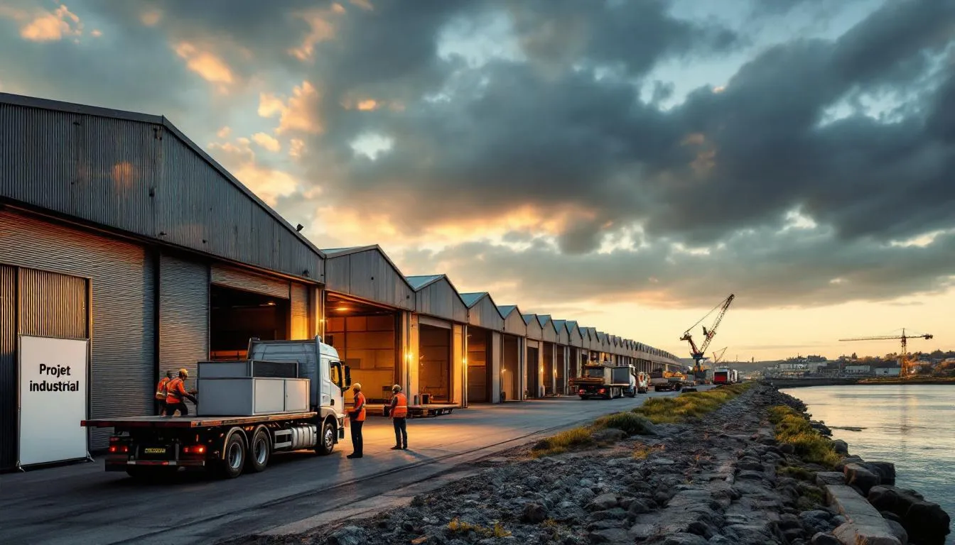 Anciens hangars industriels de Langon animés par activités logistiques au coucher du soleil