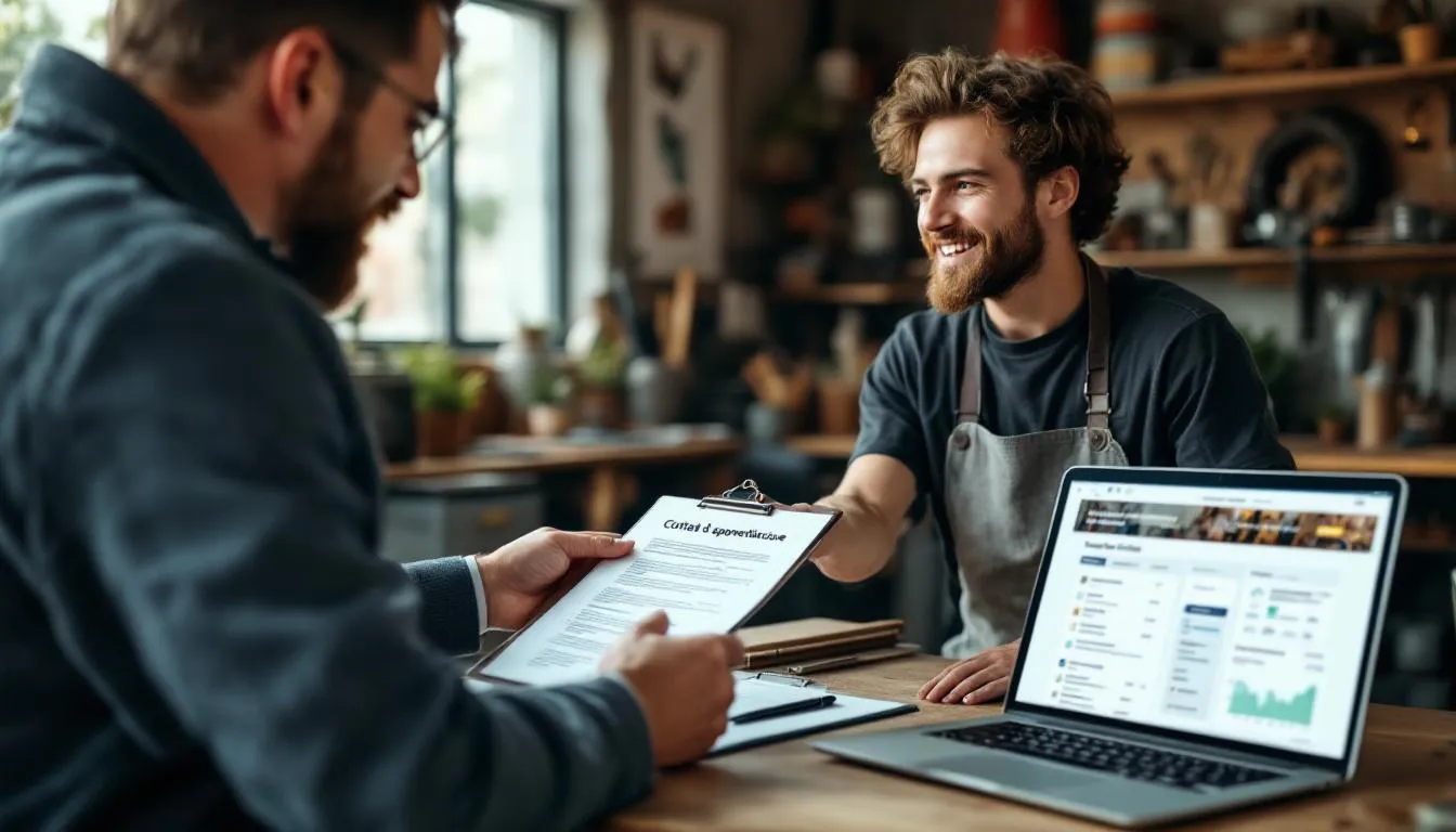 DRH remet un contrat d'apprentissage à un jeune apprenti dans un atelier artisanal en Auvergne‑Rhône‑Alpes