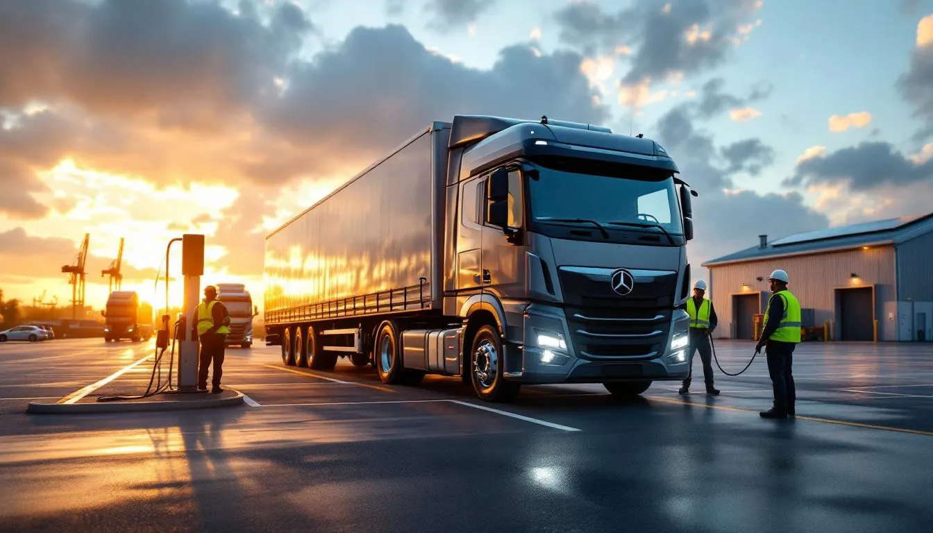 Poids lourds électriques en charge devant un entrepôt logistique en Pays de la Loire