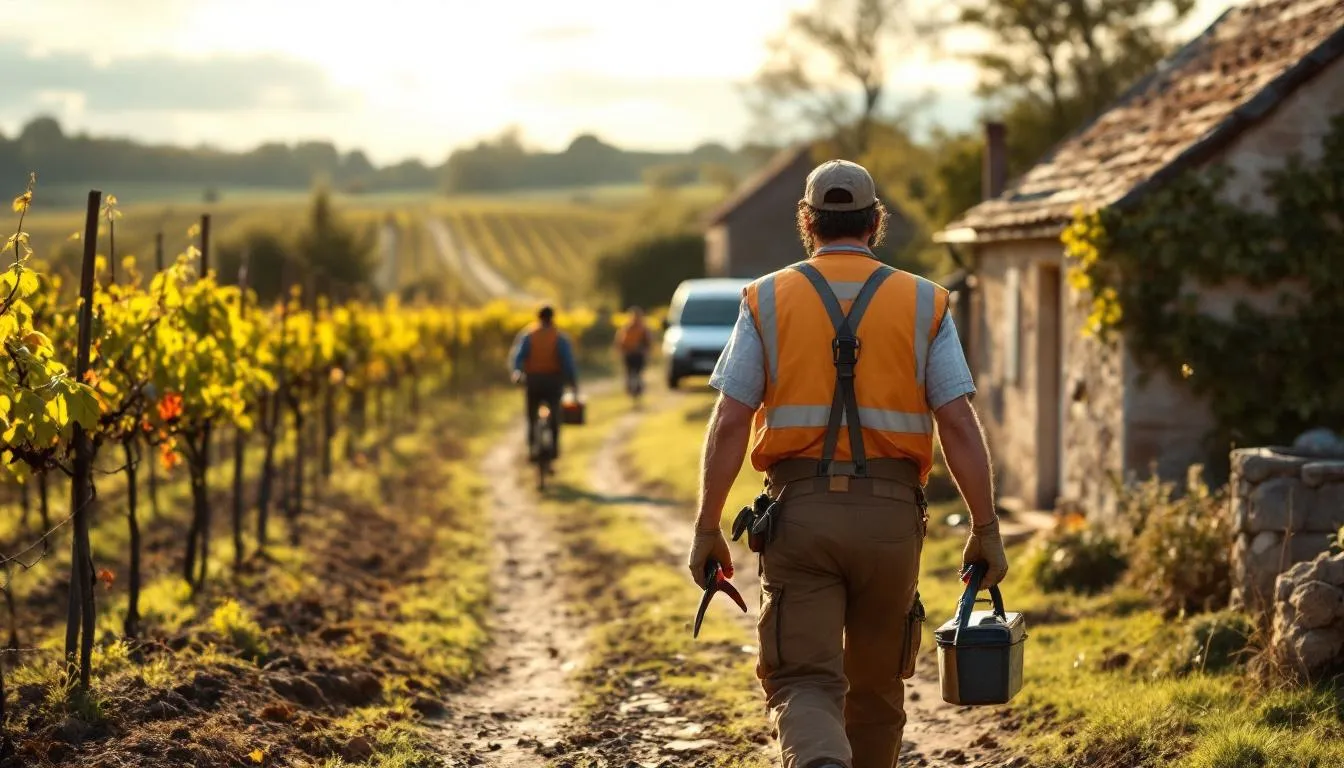 Salarié de Valore à Clisson marchant entre un atelier et un vignoble au coucher du soleil, illustration de l'emploi partagé
