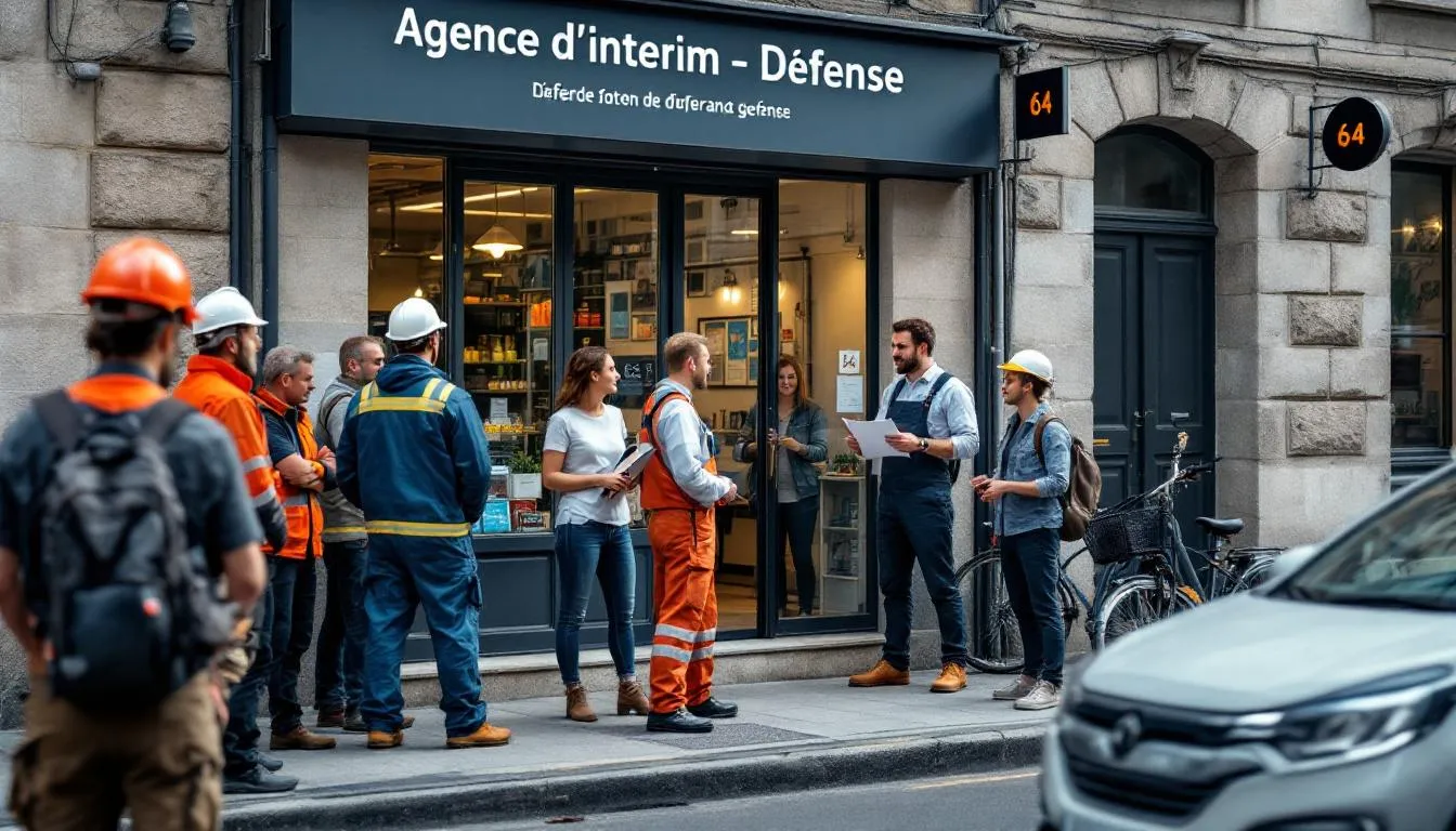 Agence d'intérim dédiée à la défense, devanture et candidats en attente