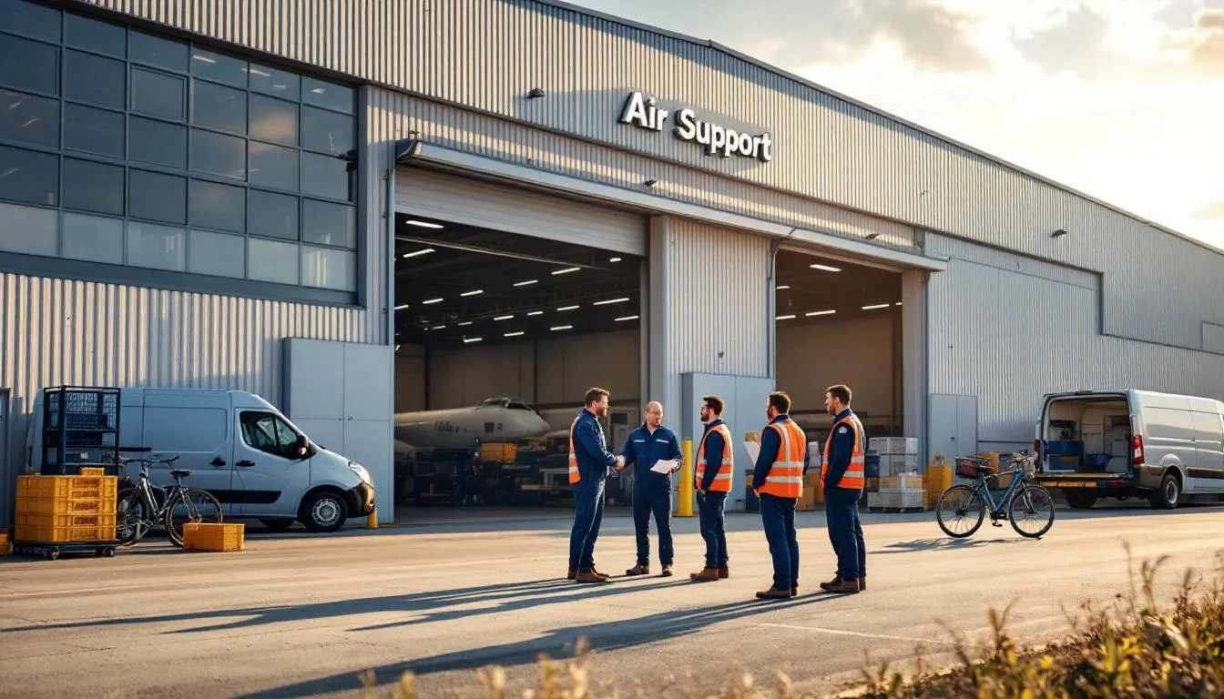 Hangar Air Support à Pujaudran, parvis animé de techniciens et d'un DRH en entretien