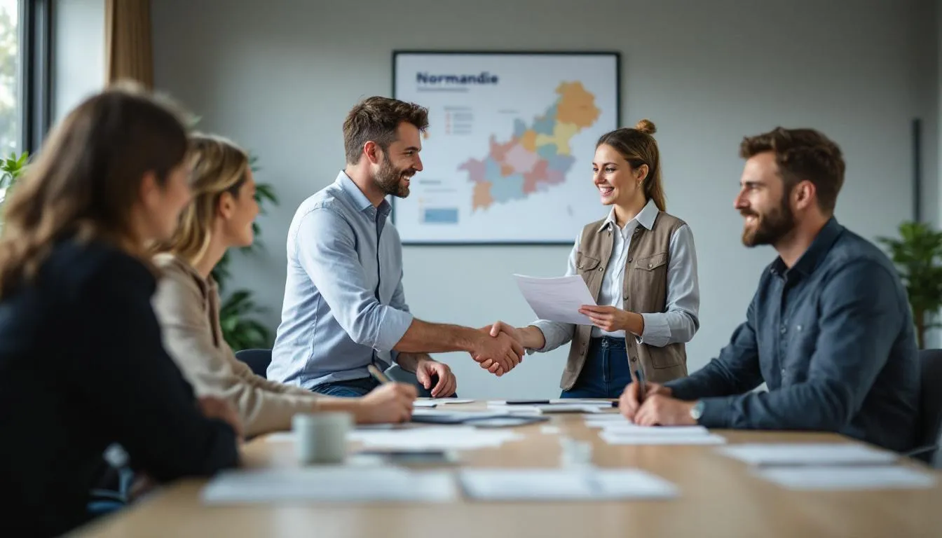 Alternants adultes en formation en Normandie avec un DRH serrant la main d'un candidat