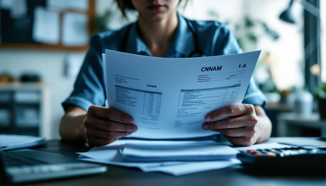 Infirmière du réseau Asalée examinant des documents estampillés CNAM sur un bureau