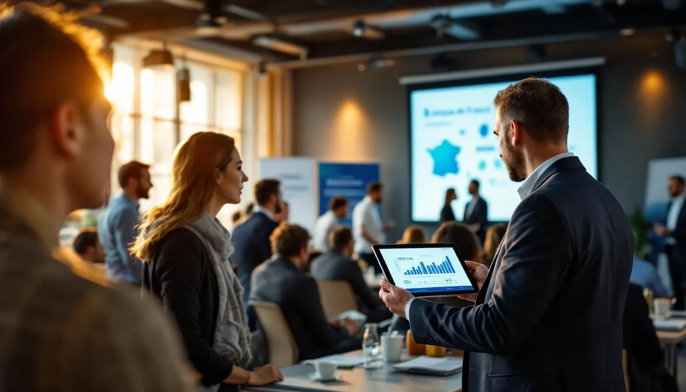 Séminaire à Chambéry : entrepreneurs et représentants de la Banque de France en discussion, DAF consultant son tableau de bord