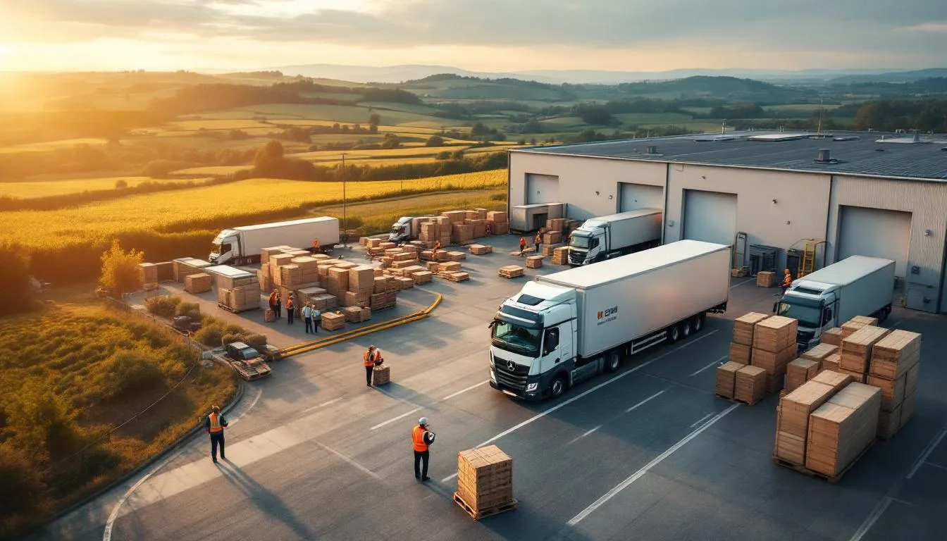 Usine agroalimentaire en Auvergne‑Rhône‑Alpes, parvis logistique animé et champs en arrière-plan