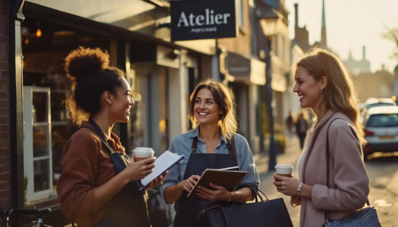 Entrepreneures à Bolbec devant un atelier et un café, ambiance matin doré