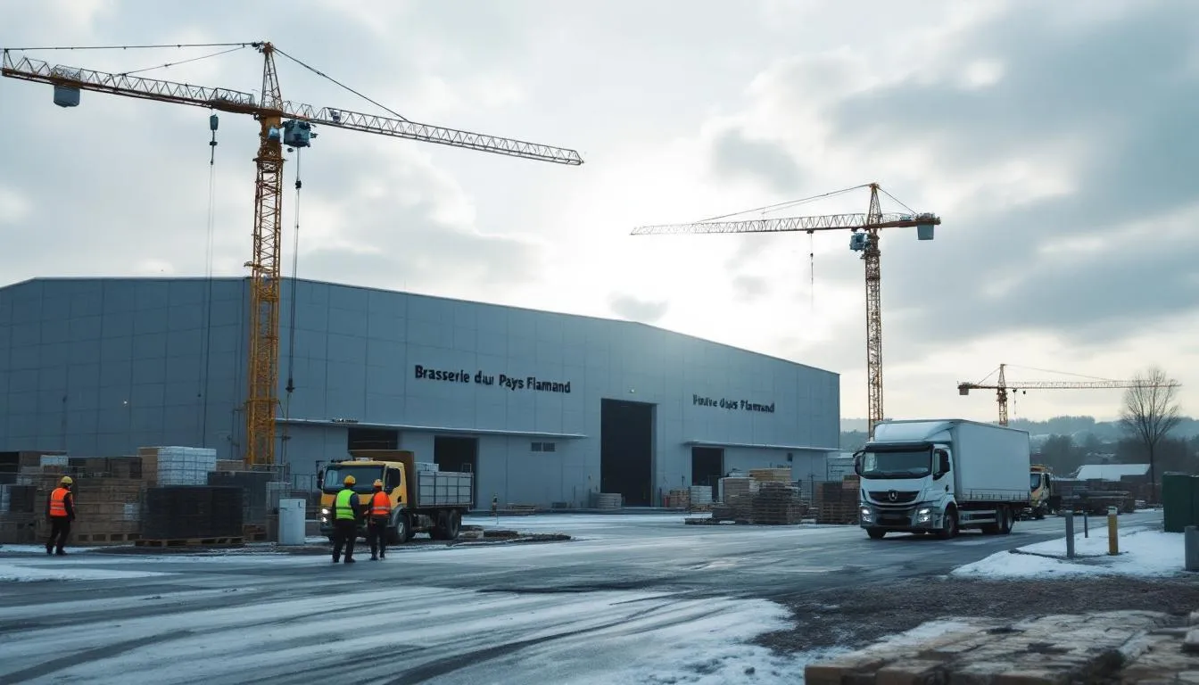 Chantier d'extension de la Brasserie du Pays Flamand à Merville, grue et ouvriers en activité