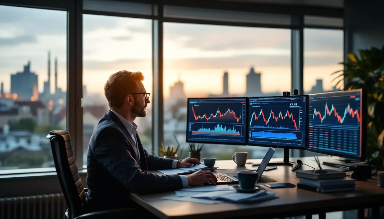DAF consultant des écrans boursiers affichant le CAC 40 dans un bureau régional en Bourgogne‑Franche‑Comté