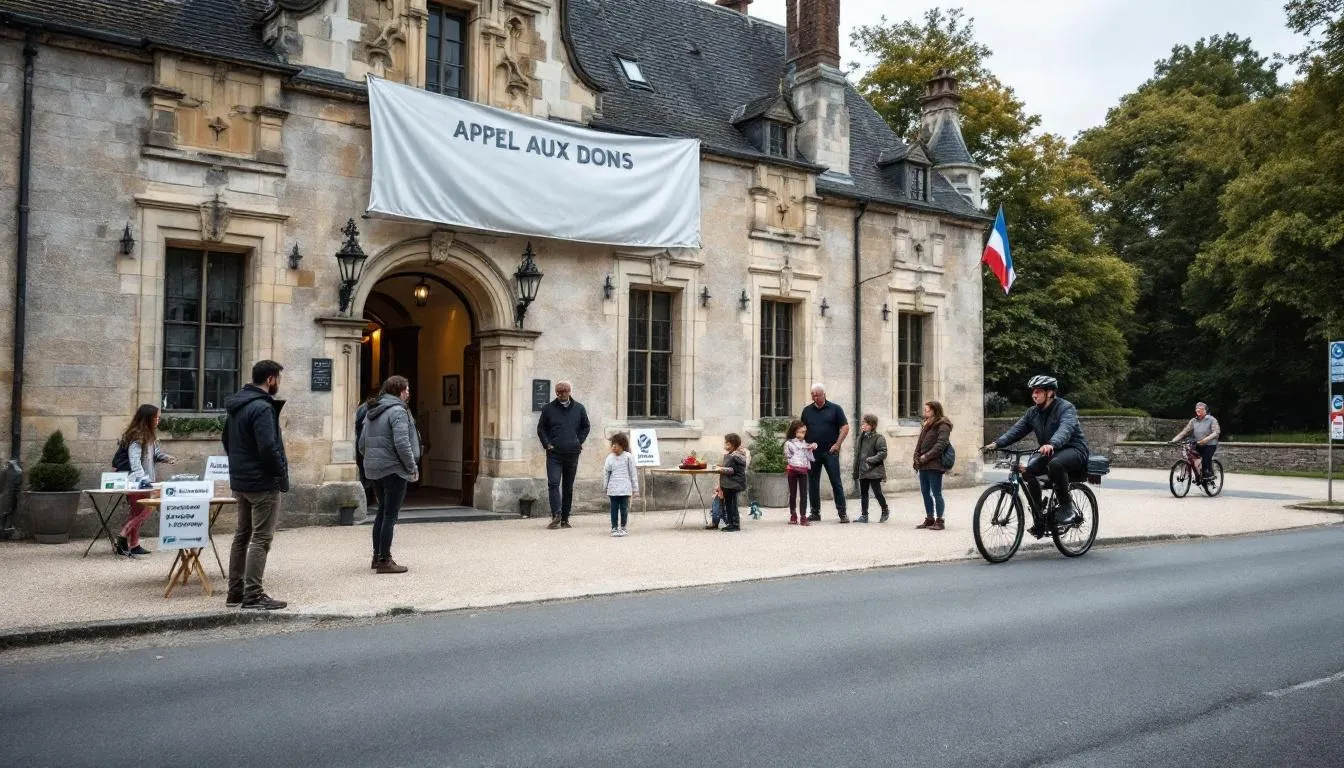 Château du Pays de la Loire, parvis animé avec banderole 'APPEL AUX DONS' et bénévoles