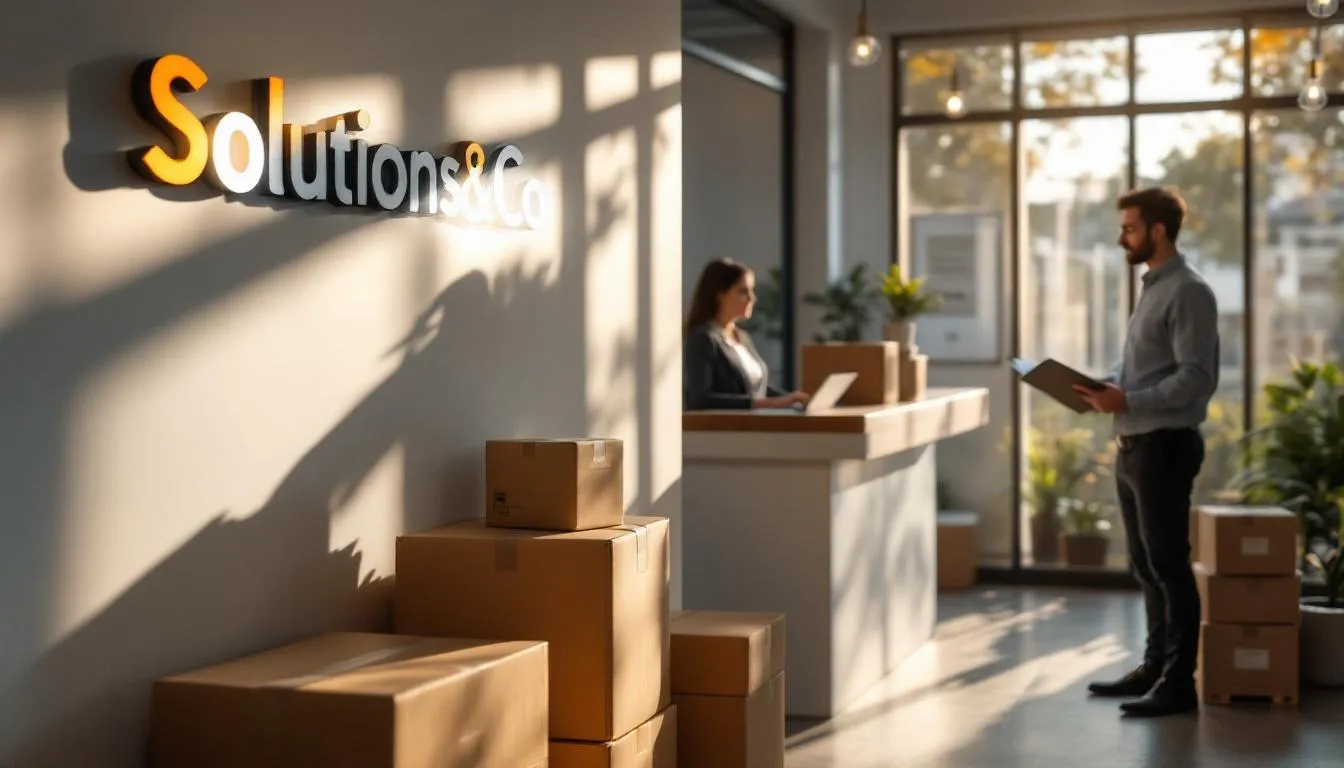 Hall d'accueil de Solutions&Co avec cartons emballés et agent RH examinant des dossiers
