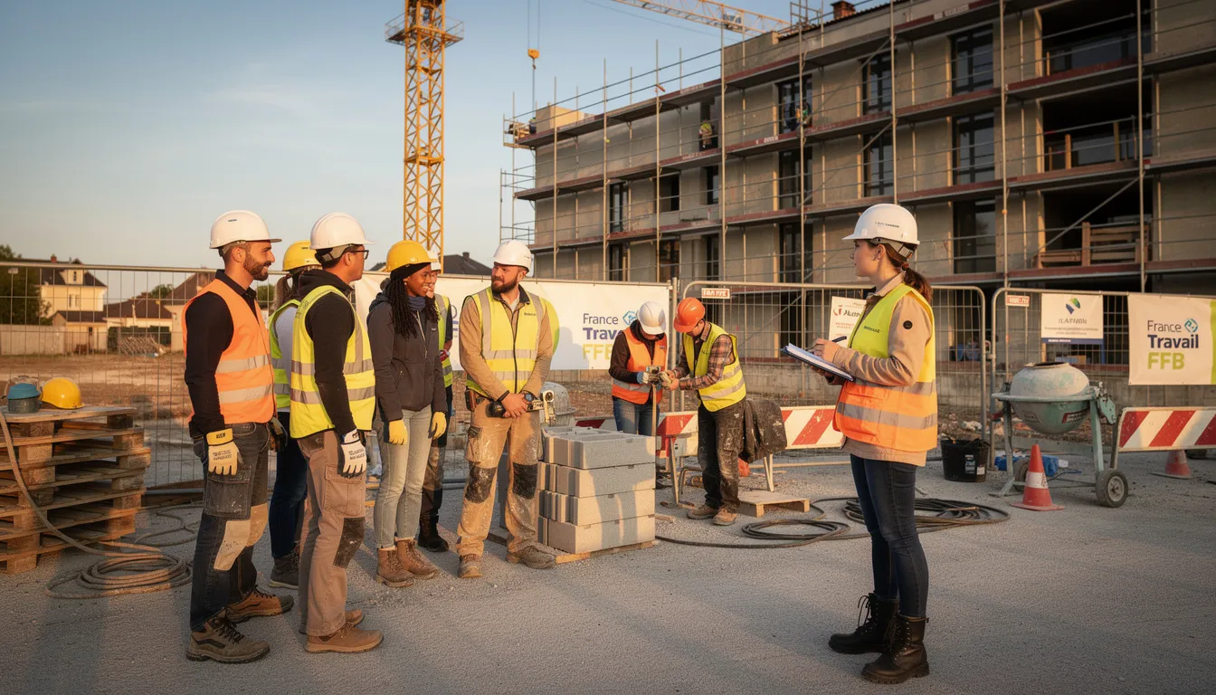 Chantier BTP en Bourgogne‑Franche‑Comté : jeunes en immersion encadrés par un responsable RH et un tuteur