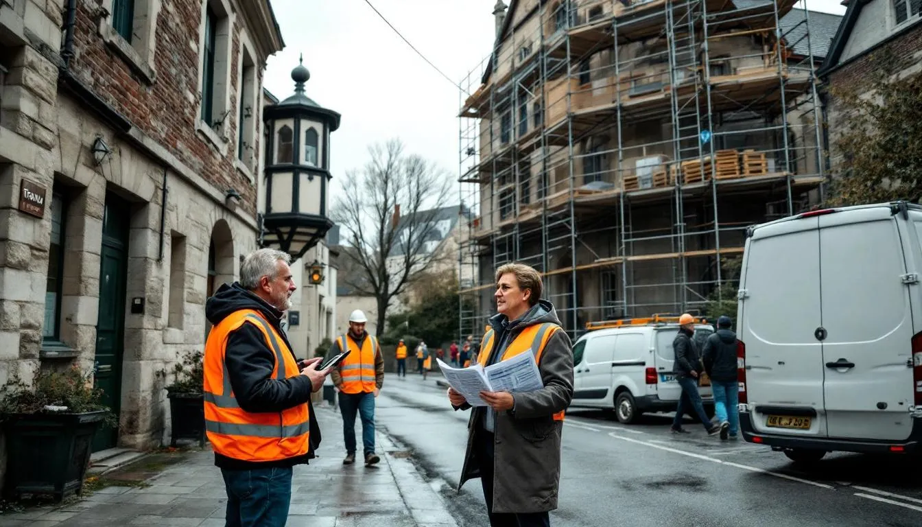 DAF et maire consultant des budgets devant une église en travaux, Grand Est
