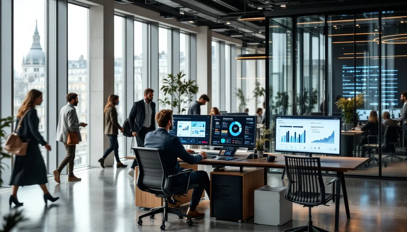 DAF examinant des tableaux de bord IA dans un open space bancaire à Paris