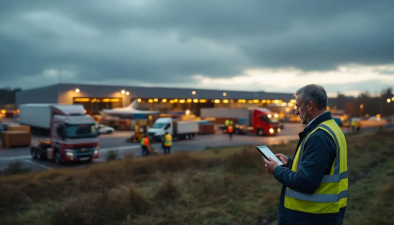 Zone industrielle en Normandie avec usine aéronautique, camions et directeur financier consultant une tablette
