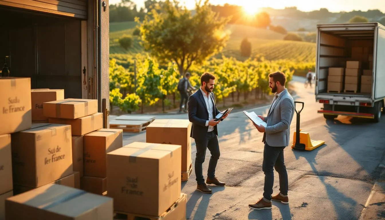 Vignoble d'Occitanie au crépuscule, préparation et expédition de caisses de vin vers l'international