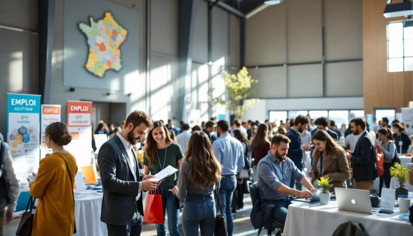 Forum de l'emploi en Nouvelle‑Aquitaine : hall moderne animé, DRH consultant un CV devant des stands sectoriels