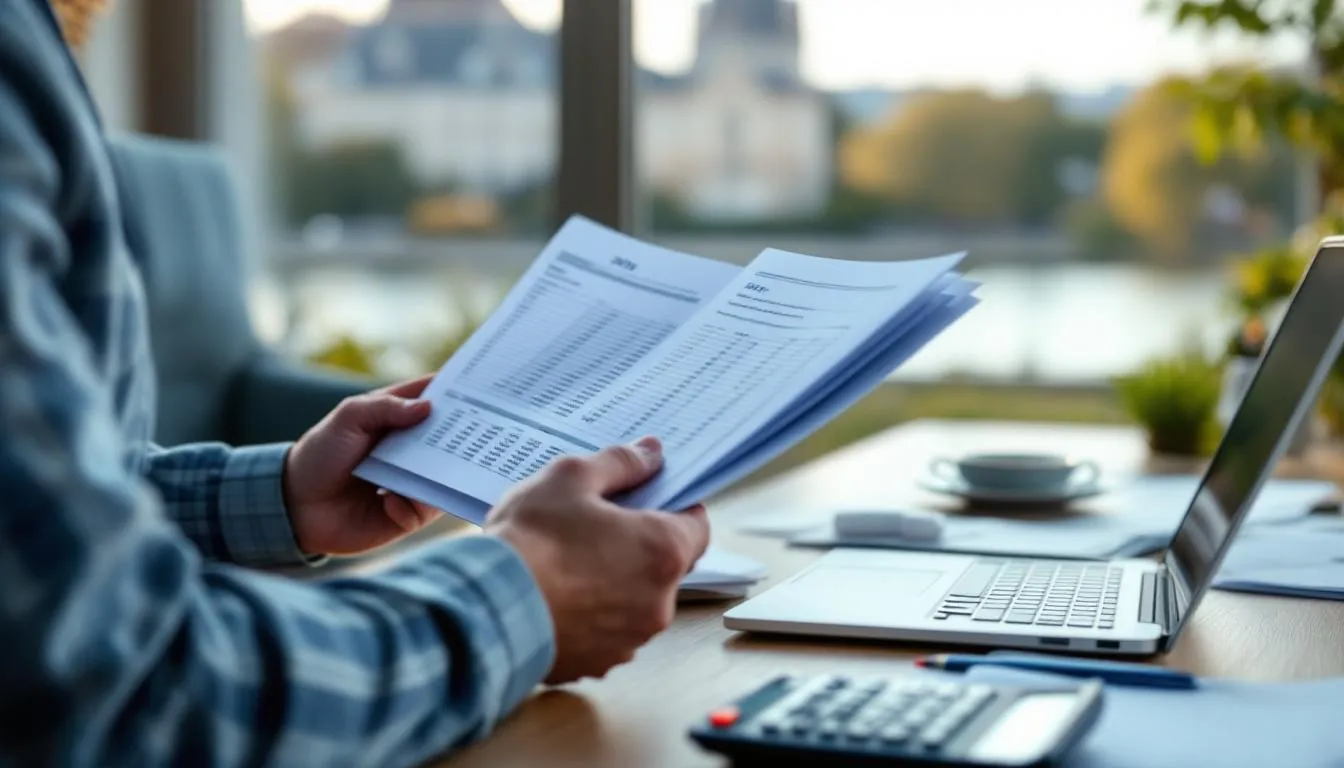 Directeur financier examinant le budget municipal de Saint‑Cyr‑sur‑Loire, documents sur bureau et vue de la mairie