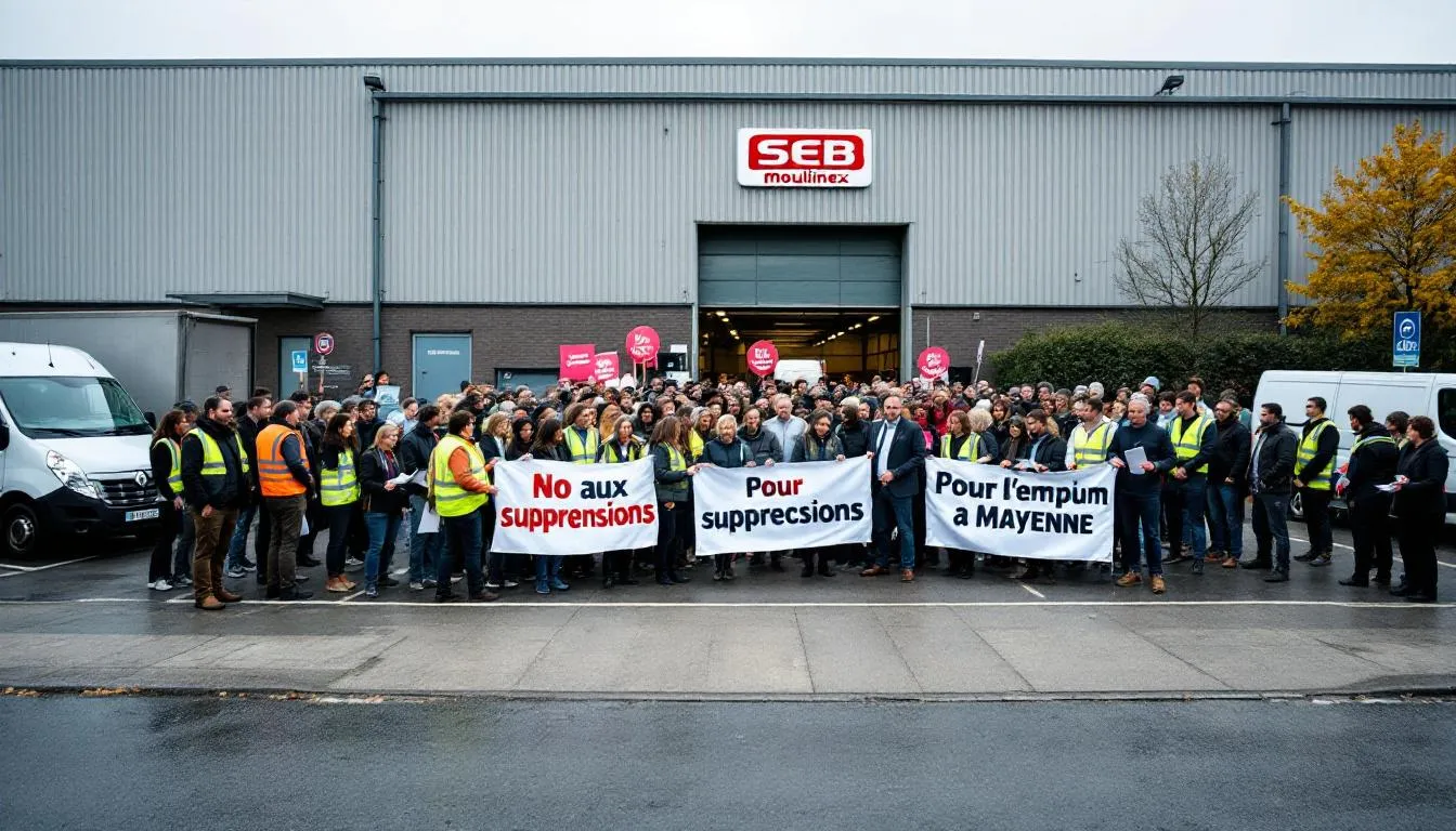 Rassemblement de salariés devant l'usine SEB à Mayenne, banderoles et employés inquiets