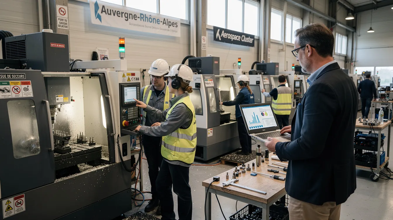 Atelier aéronautique en Auvergne‑Rhône‑Alpes : opérateurs sur machines CNC et technicienne formant un apprenti