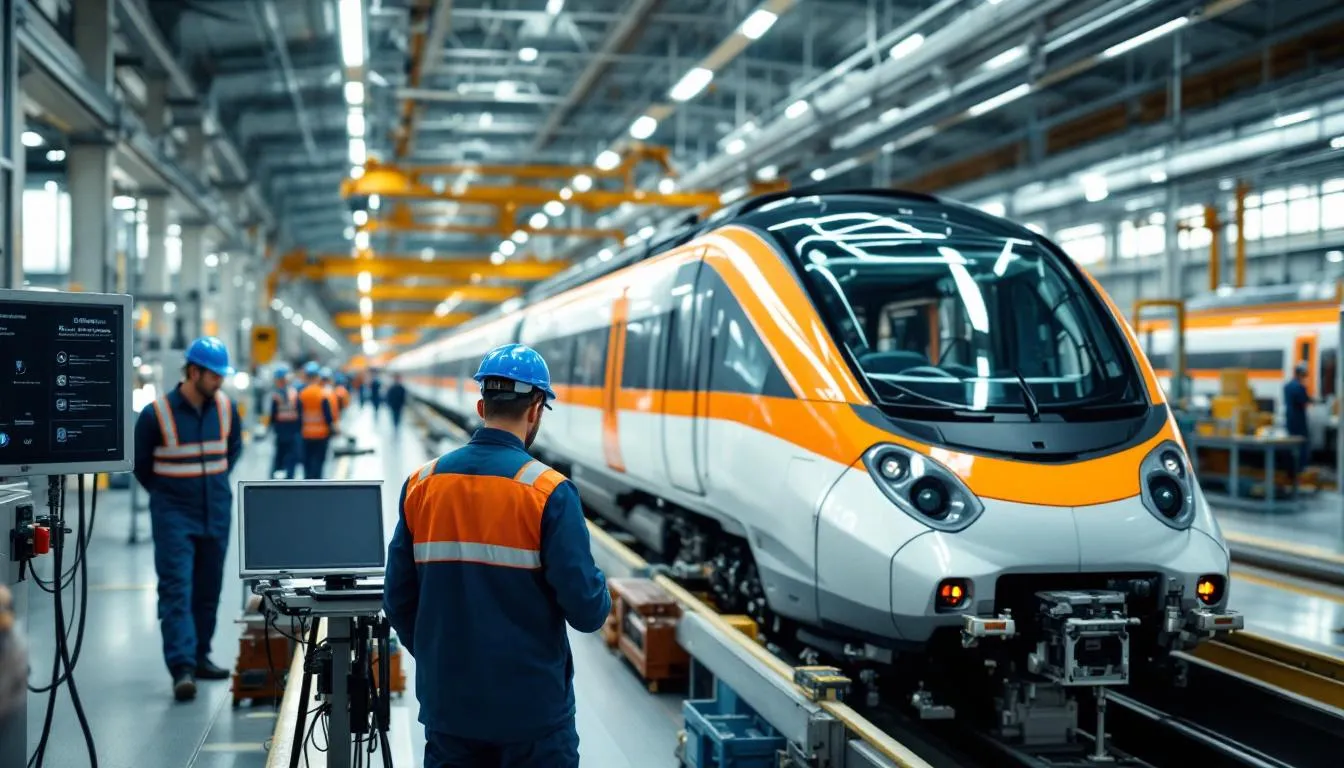 Header: usine Alstom en Île-de-France avec train en cours d’assemblage et techniciens au travail, ambiance industrielle et lumière naturelle