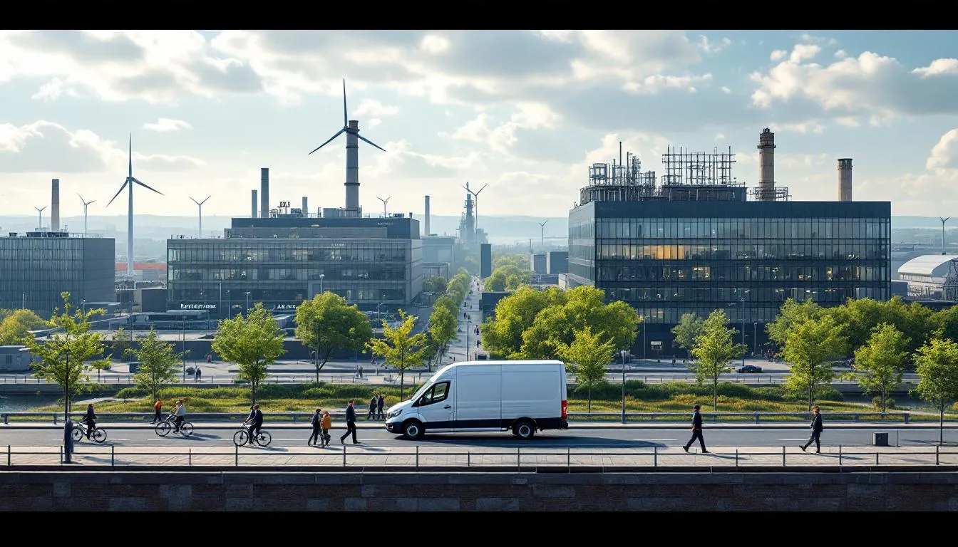 Paysage industriel de l’Auvergne-Rhône-Alpes en plein jour, avec usines modernes, piétons et cyclistes le long d’un espace urbain‑industriel, symbolisant le dynamisme économique de la région (header Article)