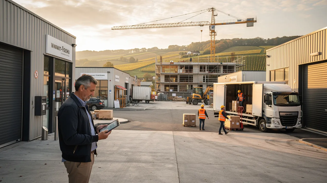 Panorama industriel et économique de Bourgogne‑Franche‑Comté au petit matin, DAF avec tablette et parvis d'entreprises