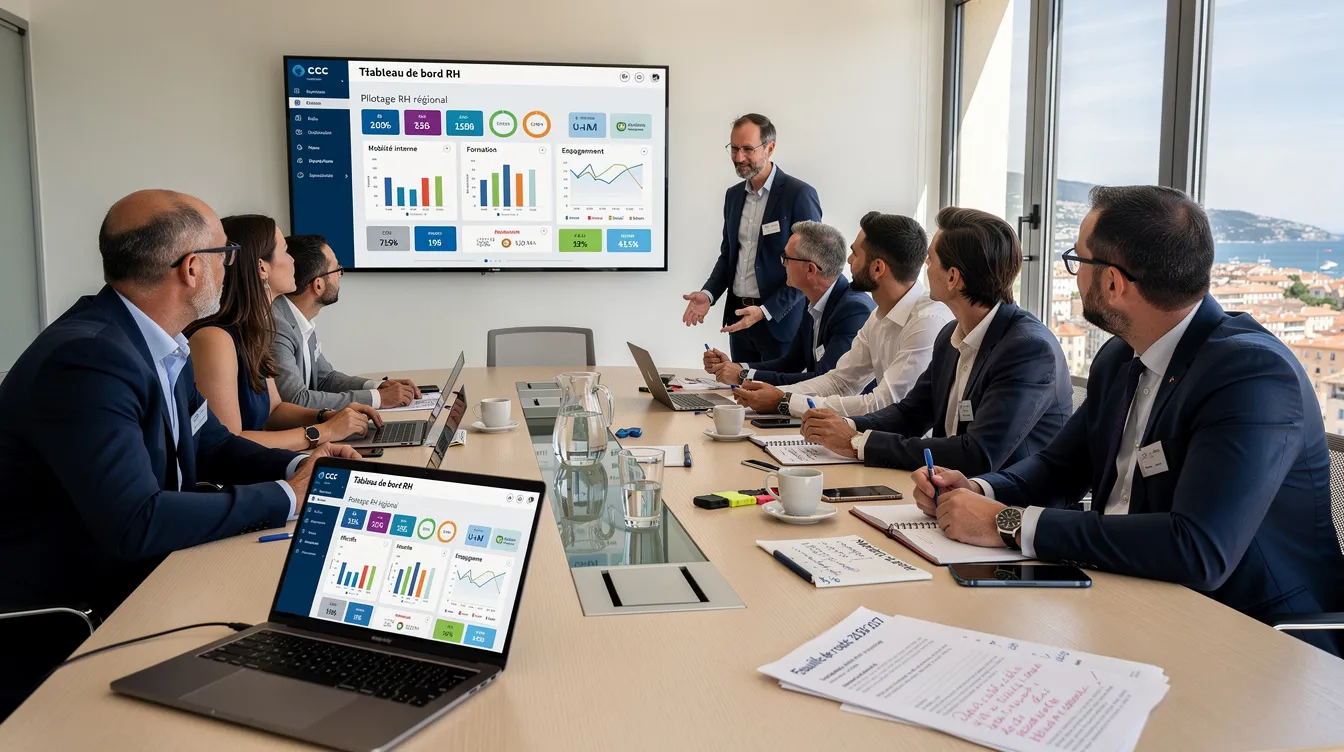 Réunion RH CCI PACA avec tableau de bord data/IA et vue urbaine de Nice