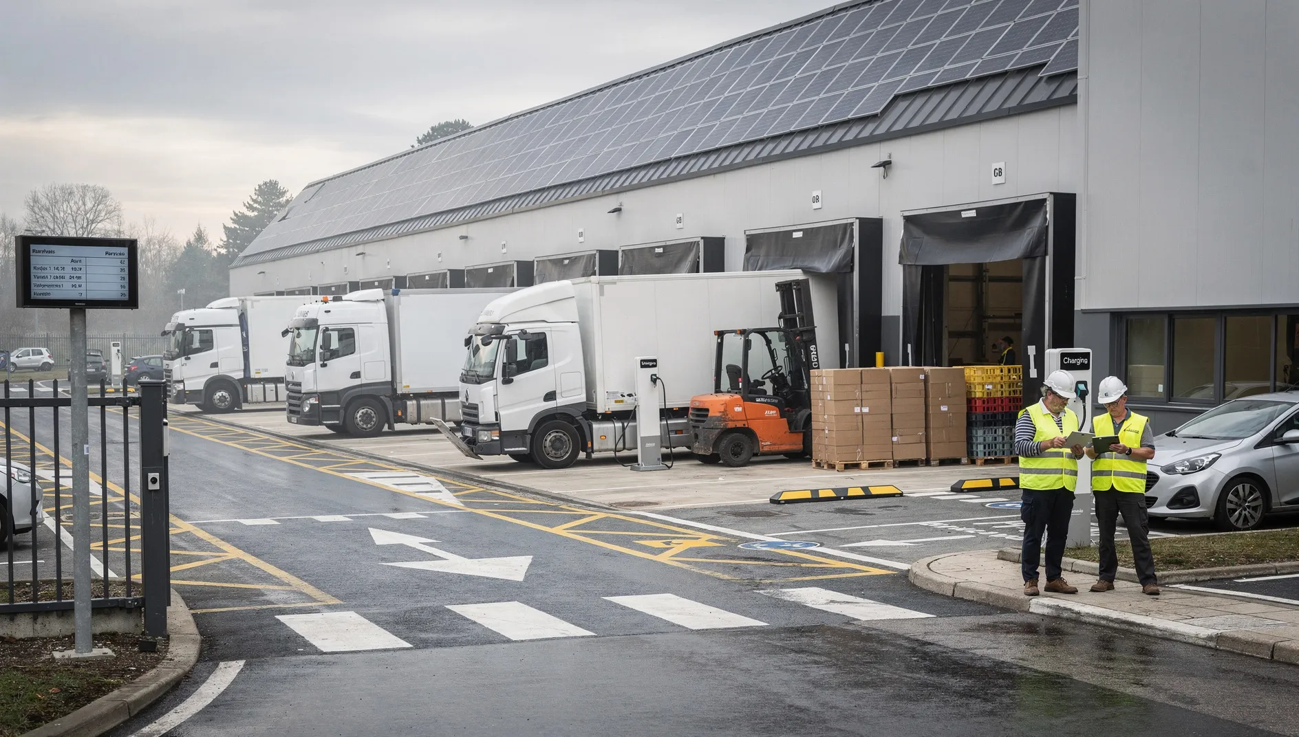 Plateforme logistique en Bourgogne‑Franche‑Comté : entrepôt, camions (dont un électrique en recharge), bornes de recharge, ouvriers en gilets haute visibilité — photo documentaire éditoriale.