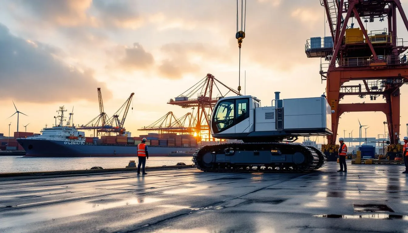 Port de Cherbourg dans le Cotentin: grue lourde électrique au premier plan, quais et navire, horizon with éoliennes, scène éditoriale