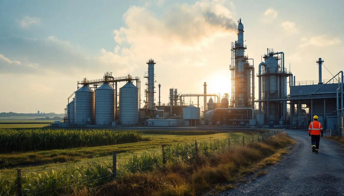 Header photo: site industriel Cristal Union en Normandie avec silos et installations, ouvrier en gilet haute visibilité, paysage agricole en arrière-plan