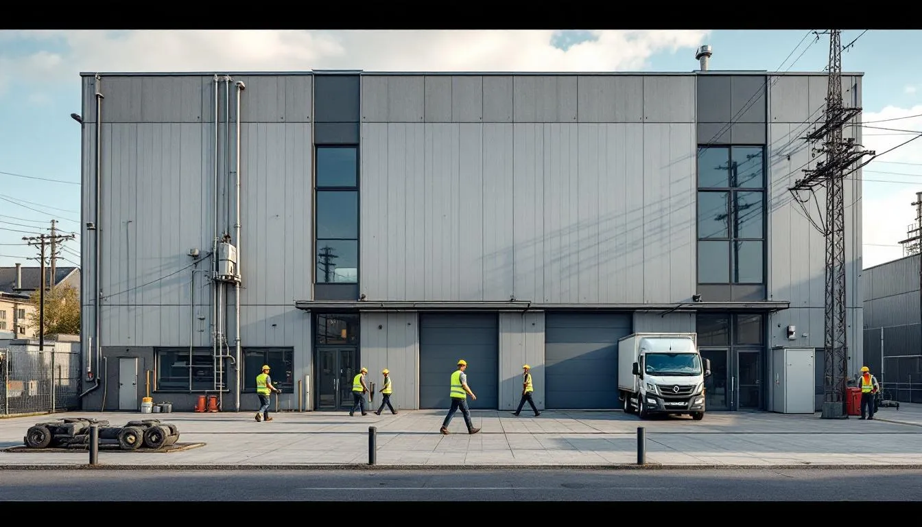 Header photo: usine du Grand Est en transition vers l’électricité, façade industrielle et infrastructure électrique visibles, travailleurs en hi-vis
