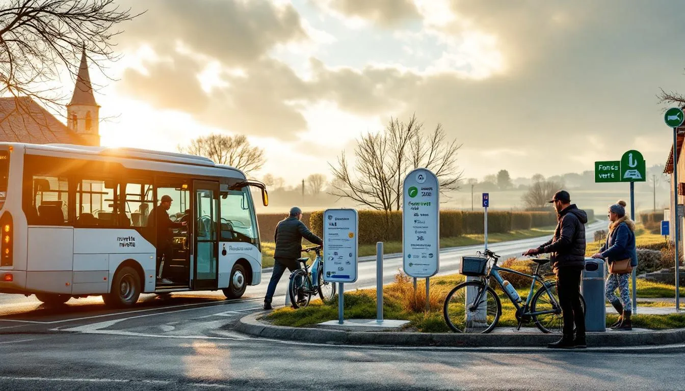 Navette électrique 'navette' et vélos à assistance électrique près d'un arrêt de village avec panneau 'Fonds vert 2026' dans les Hauts‑de‑France, habitants montant à bord.
