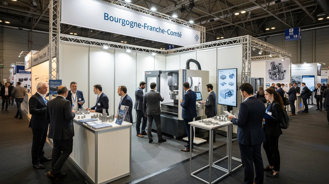Pavillon Bourgogne‑Franche‑Comté au salon Global Industrie, stand animé et démonstration industrielle