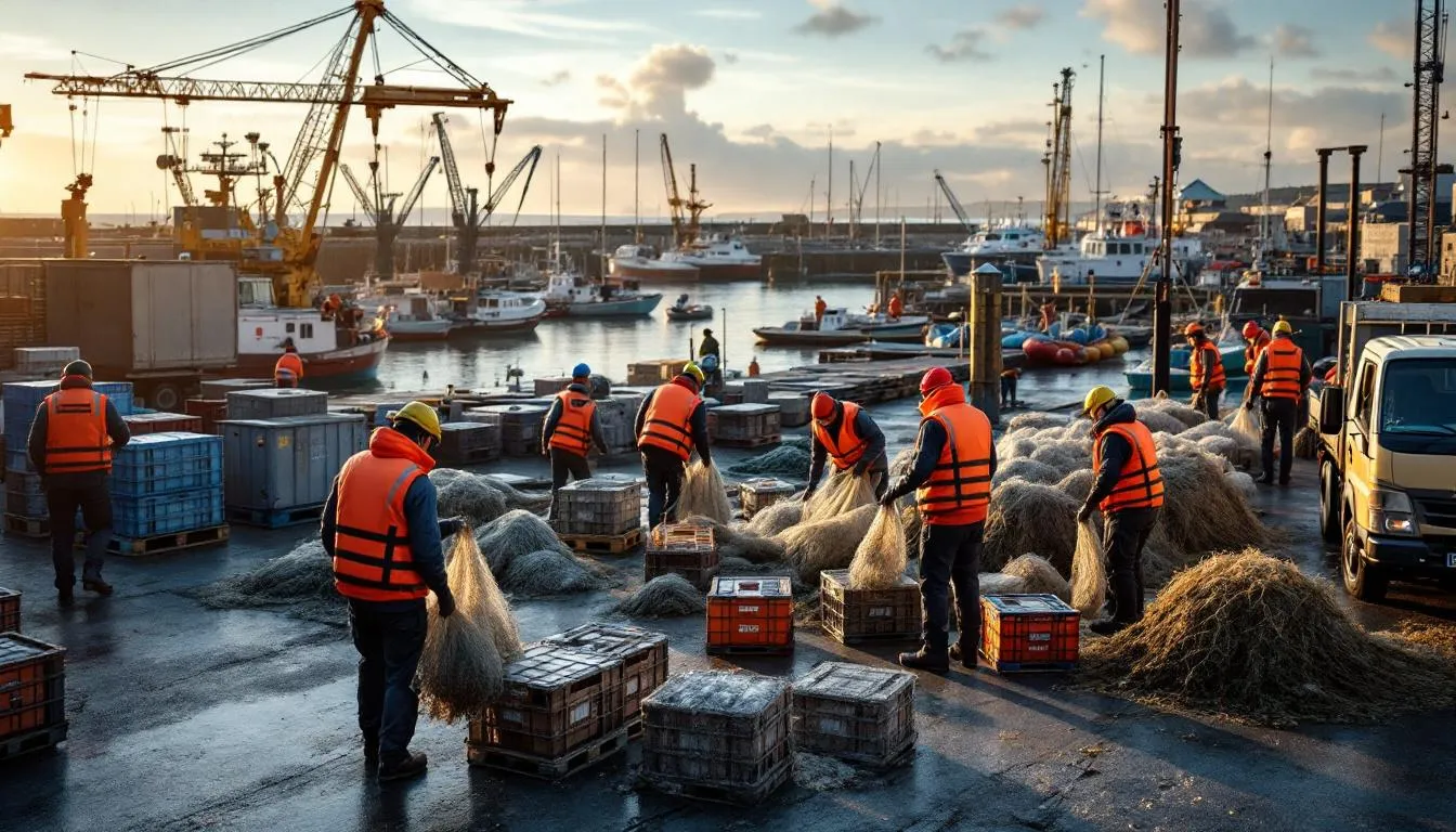 Guilvinec port, marins pêcheurs sur le quai près de la criée, illustration de la crise de la pêche dans le Finistère