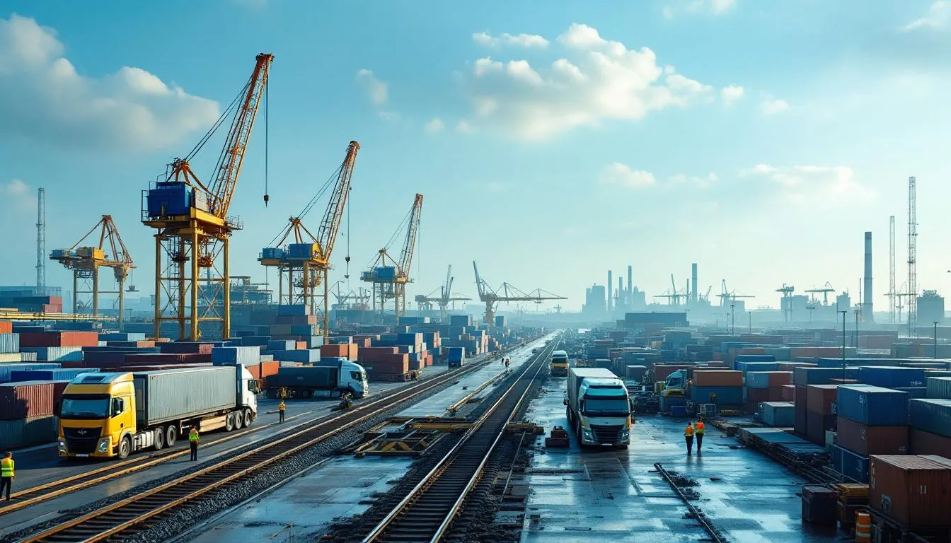Header photo: vue industrielle des Hauts-de-France avec port, camions et rails au premier plan et silhouette d’une usine de batteries au loin, mars 2026