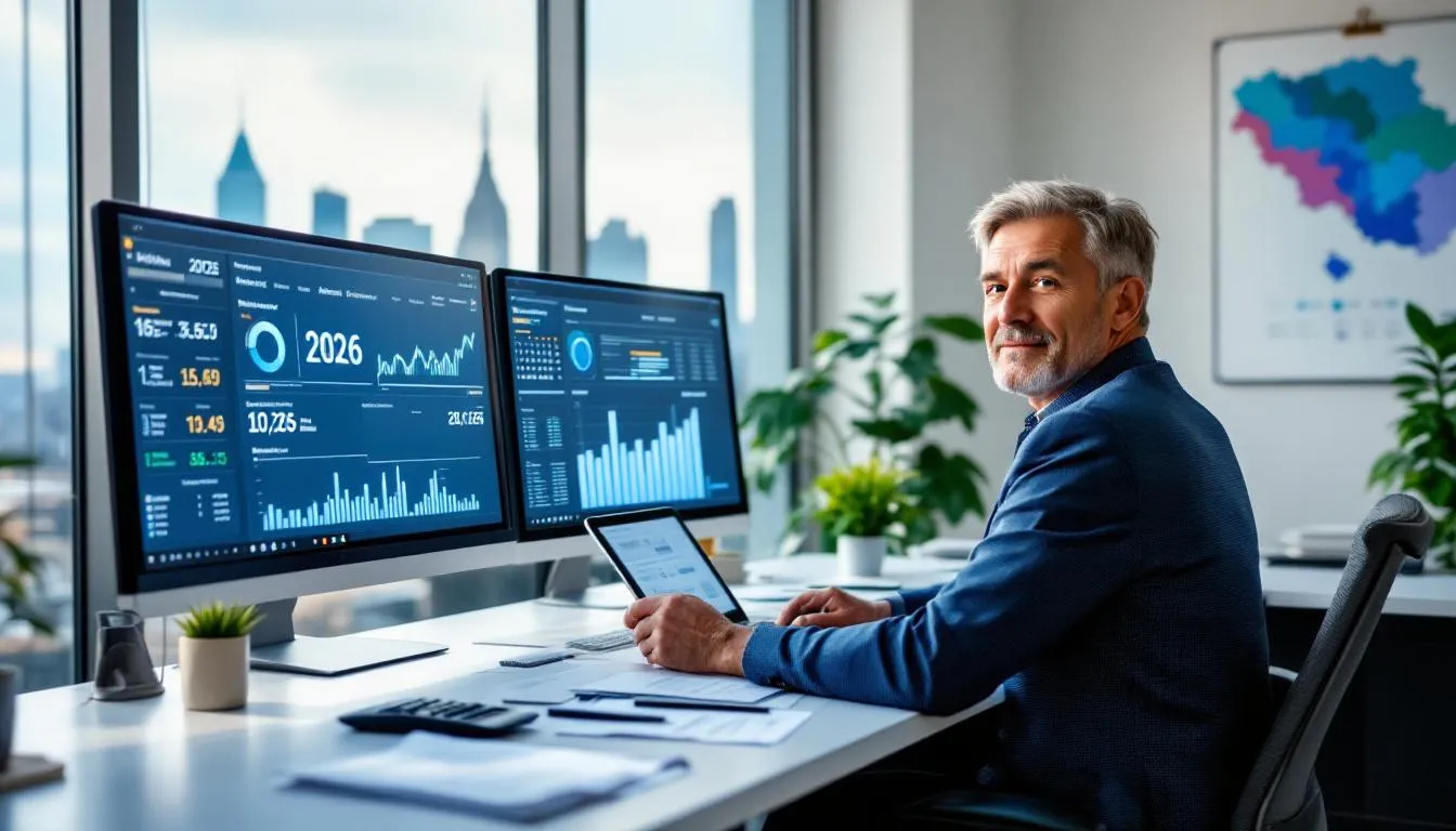 Header photo d'un DAF dans un bureau moderne en Auvergne-Rhône-Alpes, écrans affichant des graphiques financiers et vue sur une métropole régionale