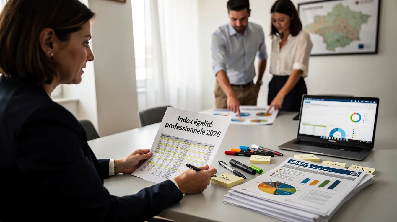 DRH examinant les résultats de l'Index égalité professionnelle 2026 à son bureau, documents DREETS et laptop Egapro