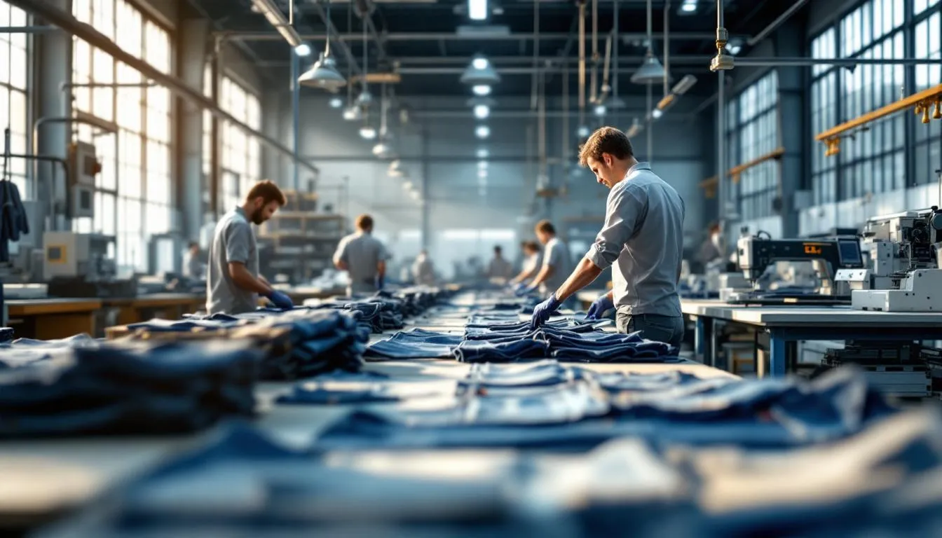 Header photo: atelier de confection denim dans les Hauts-de-France près de Neuville-en-Ferrain, lignes automatisées et ouvriers