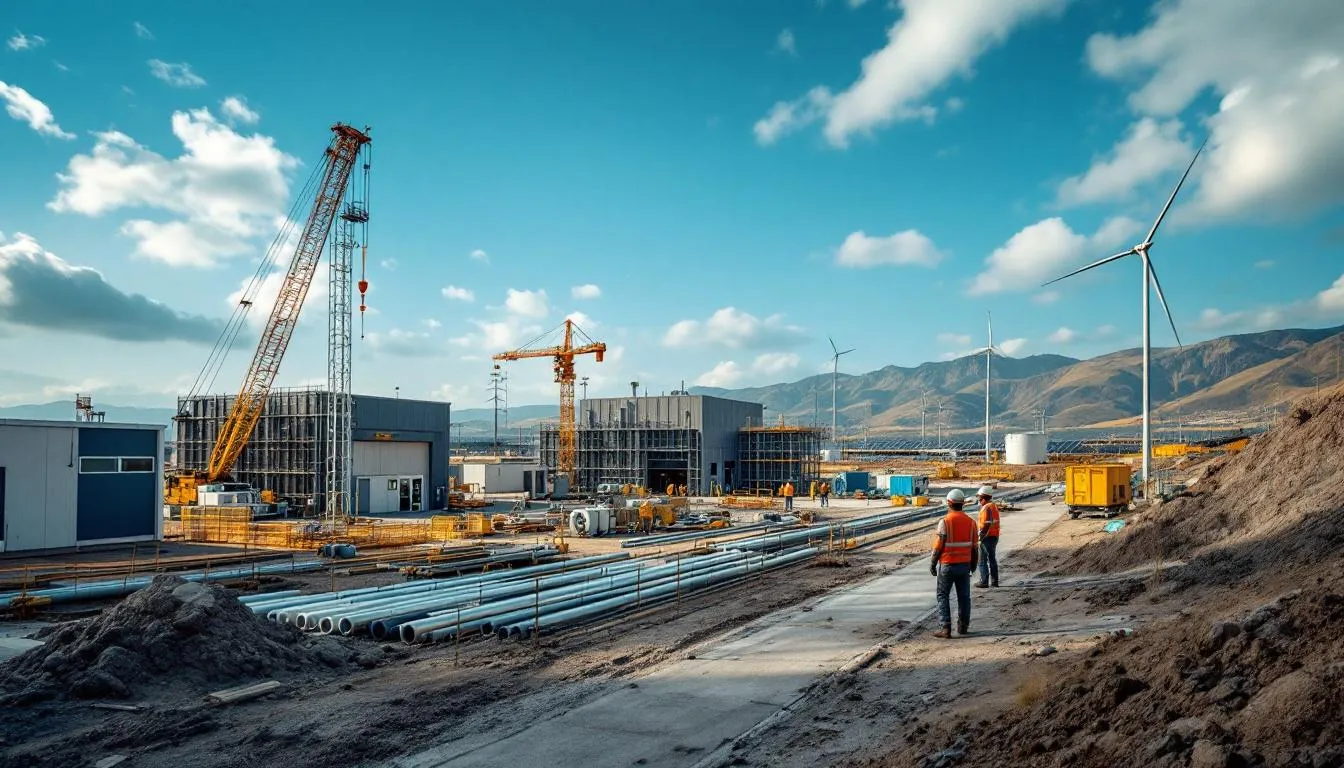 Vue d’ensemble du chantier Lhyfe Le Cheylas en Isère, site de production d’hydrogène vert en construction, avec grues et installations industrielles