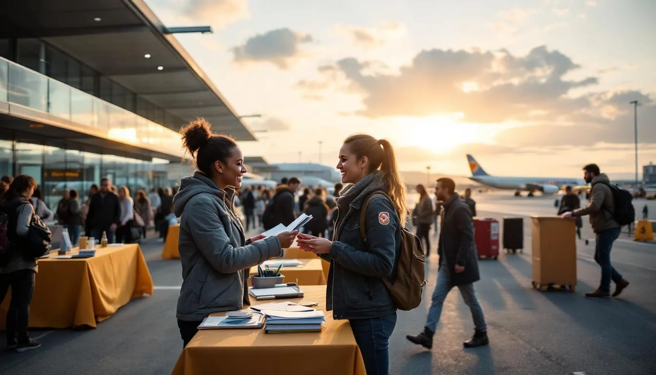 Forum de recrutement Lyon Aéro Emploi devant l'aéroport Lyon‑Saint‑Exupéry : recruteuse remet une brochure à une candidate, stands et navette aéroport en arrière‑plan, photographie documentaire.